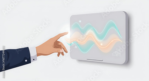 Hand Interacting with Smart Digital Screen Displaying Wavy Data Analytics - Business Technology, AI, and Futuristic Interface Vector Illustration