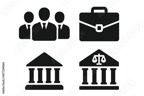 Law and justice solid glyph icon set. Legal team, lawyer group concept. Attorney, advocate symbols. Legal briefcase. Courthouse, government building. Scales of justice vector.