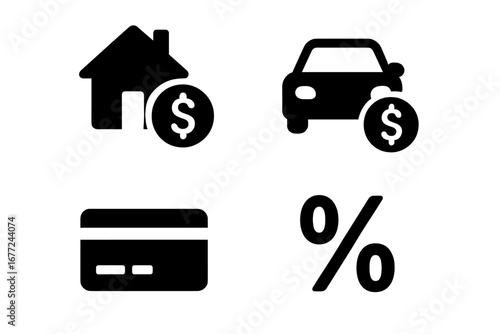 Loan and credit services solid glyph icon set. Vector symbols for finance, banking, and investment. Includes mortgage, home loan, auto loan, credit card, and interest rate.
