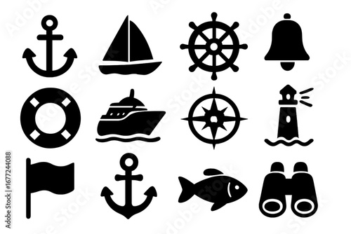 Maritime solid icon set. Nautical and marine sailing vector symbols collection. Includes anchor, ship wheel, compass, lighthouse, boat, lifebuoy, bell, flag, and fish.