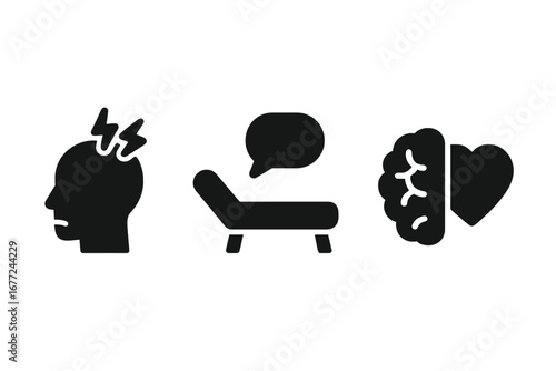 Mental health icon set. Psychology, stress, anxiety, depression concept. Brain and heart balance. Emotional intelligence. Psychotherapy couch, talk therapy, counseling sign.