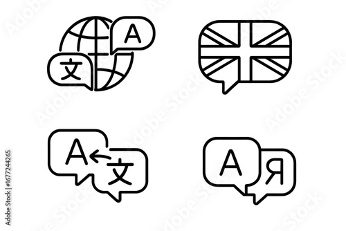 Language translation icon set. Multilingual support outline icons for global communication. Vector symbols for translator app, dictionary, and international language exchange service.