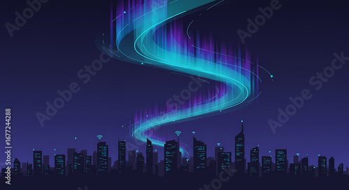 Futuristic Smart City Skyline at Night with Abstract Aurora Light Trails and Digital Network Connections - Modern Urban Technology Background Vector Illustration