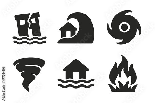 Natural disaster icons set with solid filled vector symbols including earthquake, tsunami, hurricane, tornado, flood, wildfire, emergency, hazard, catastrophe illustration