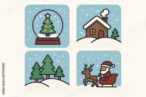 Set of Outdoor Christmas Scene Icons in Flat Vector Style
