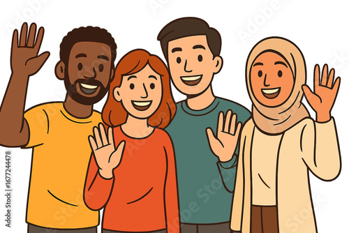 Diverse multiracial group of people waving hello. Happy multicultural friends smiling together in a friendly gesture. Vector illustration for community, inclusion and teamwork.