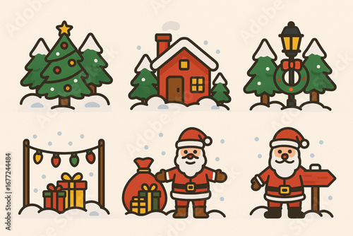 Set of Outdoor Christmas Scene Icons in Flat Vector Style