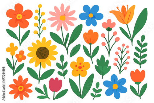Colorful vector flat illustration set of diverse flowers and plants. Cheerful vibrant botanical collection for decorative design. Cartoon floral elements, spring garden clipart.