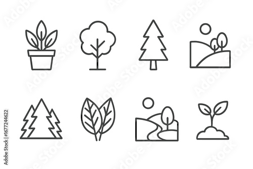 Nature Outline Icons Set – Greenery, Trees, Landscape Illustration Symbols, Vector Cartoon Style, Transparent Background, Botanical and Environmental Elements, Ordered Set 1