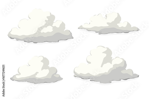 Vector illustration set of fluffy cartoon clouds. Isolated puffy cumulus cloudscape graphic design elements. Hand drawn sky and weather icons on a transparent background.