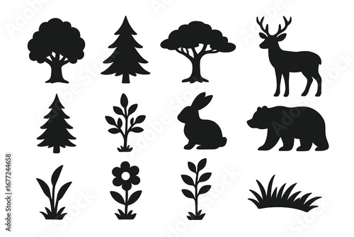 Nature silhouette icon set with trees, plants, forest elements in black vector style, cartoon illustration collection, transparent background, organized nature design pack
