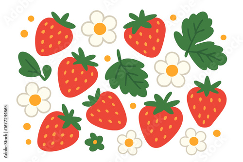 Set of strawberries and flowers. Cute cartoon flat vector illustration. Summer berry fruit collection. Healthy organic food elements. Garden harvest design. Playful isolated art.