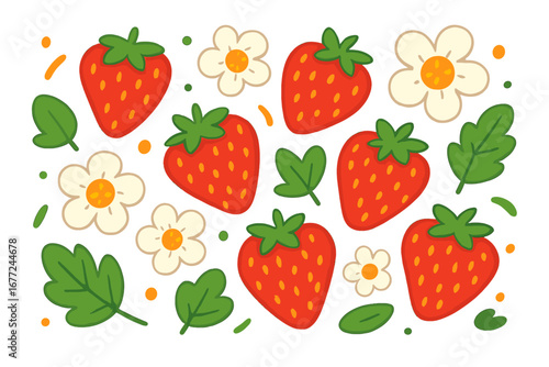Colorful vector flat illustration of strawberries and flowers. Cute cartoon summer berry fruit set. Healthy food, garden harvest, nature elements for playful seamless pattern design.