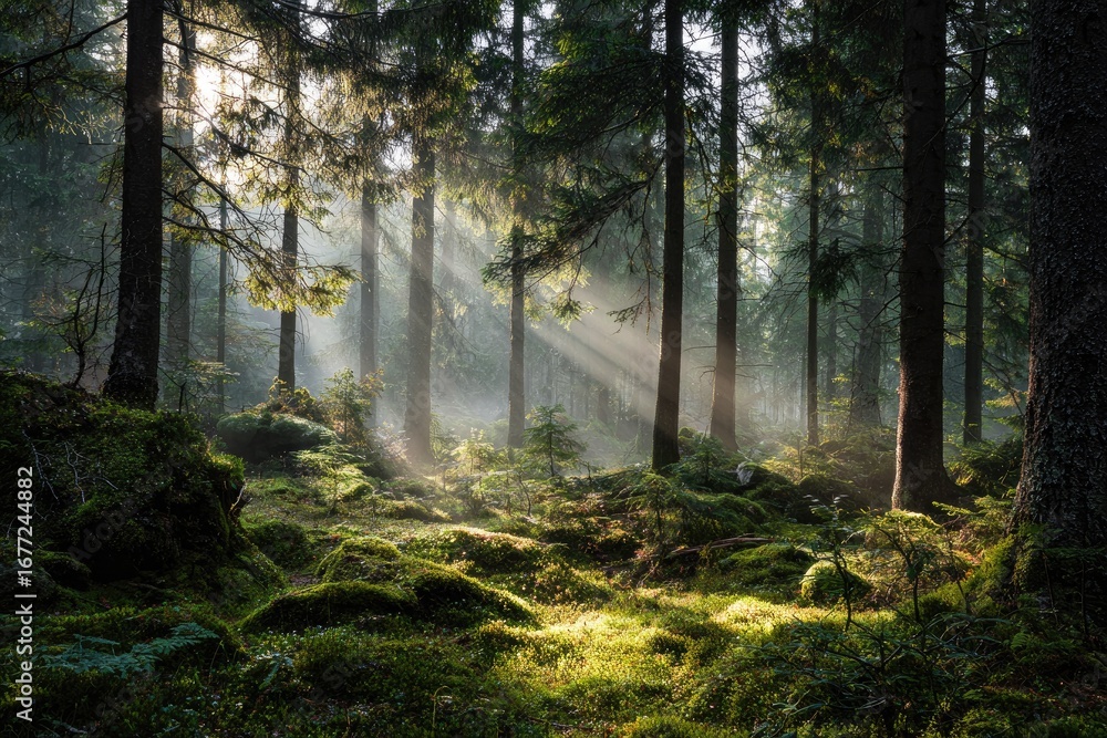 Obraz premium Sunbeams pierce a misty forest floor
