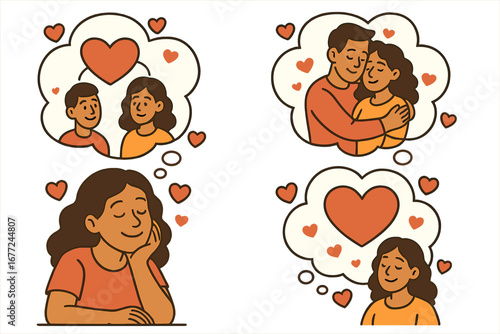 Woman dreaming about love, romance, and a relationship. Vector set with a character thinking. Thought bubble with a couple and hearts. Hope and connection concept for Valentine's day.