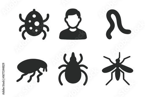 Parasitology icon set, solid filled vector collection of parasites including host, worm, flea, tick, mosquito, infected cell, medical parasite symbols, vector illustration