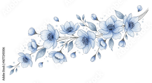 Delicate watercolor illustration of a floral branch with light blue blossoms and green leaves, isolated on transparent background