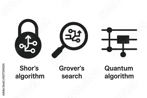 Quantum algorithm icons vector set, filled solid style, featuring Shor's algorithm lock, Grover's search magnifier, quantum circuit diagram, digital computing symbols