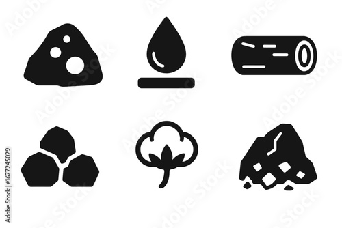 Raw Materials Icons Set, Solid Filled Vector Illustrations of Iron Ore, Crude Oil Drop, Timber Log, Coal, Cotton Boll, Bauxite, Sand, Industrial Natural Resources Symbols for Commercial Use