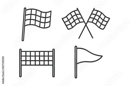 Racing flags line icon set, motorsport finish line symbols, vector linear style illustration, transparent background, cartoon style, checkered flags, racing finish markers