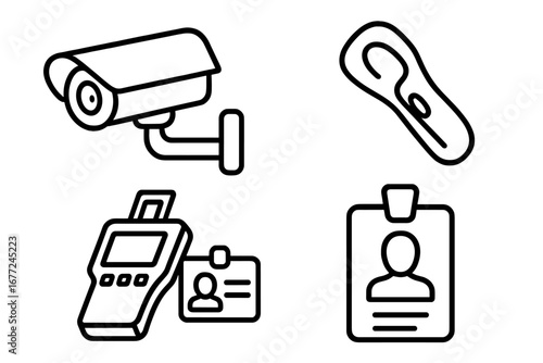 Security Icon Set with Outline Style Featuring Surveillance Camera, Security Tag Remover, Badge Scanner, and ID Badge Vector Cartoon Illustrations for Loss Prevention and Access Control