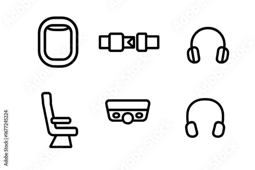 Airplane flight icon set. Outline icons of aircraft cabin interior elements. Vector symbols of travel essentials: window, passenger seat, safety seatbelt, headphones, console.