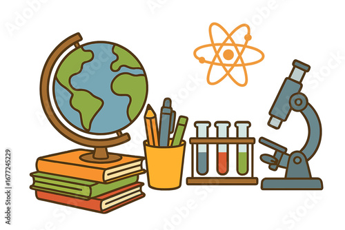 Vector set of school and science education icons. Flat cartoon illustration with globe, books, microscope, test tubes, atom. Concept for learning, research, chemistry, biology.