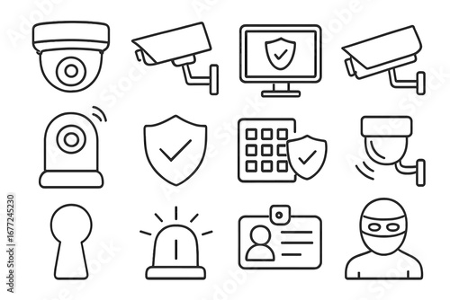 Security and Surveillance Line Icon Set with Cameras, Monitors, and Equipment Symbols, Vector Cartoon Illustrations with Transparent Background, Ordered Collection of Security Technology Icons