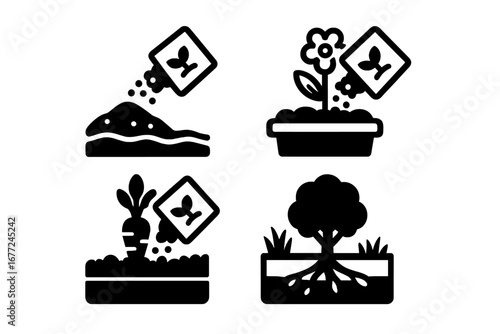 Compost and fertilizer application icon set. Solid glyphs for gardening and agriculture concepts. Soil enrichment, plant growth, garden bed, flower pot, vegetable patch, tree roots.