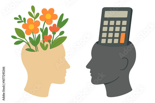 Creative mind vs logical brain concept. Contrast of nature and technology. Two head silhouettes, one with flowers, one with a calculator. Logic vs emotion. Psychology metaphor.