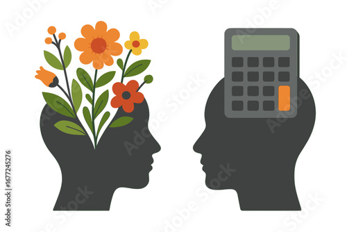 Vector concept of creative vs logical mind. Two head silhouettes showing contrast between nature with flowers and technology with calculator. Psychology, emotion vs rational.