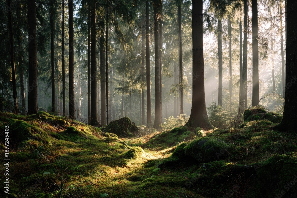 Obraz premium Sunbeams pierce a misty forest floor (1)