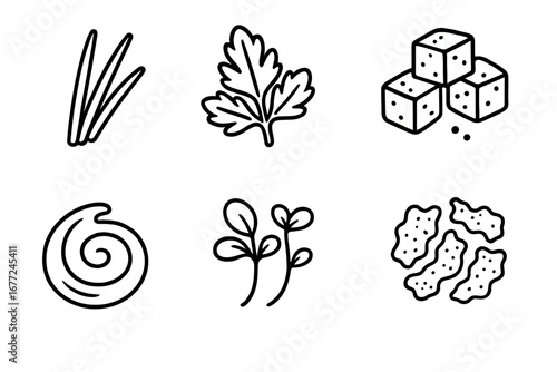 Soup Garnish Icons Outline Set with Chives, Parsley Sprig, Croutons, Cream Swirl, Microgreens, Crumbled Bacon, Vector Cartoon Illustration for Culinary Design
