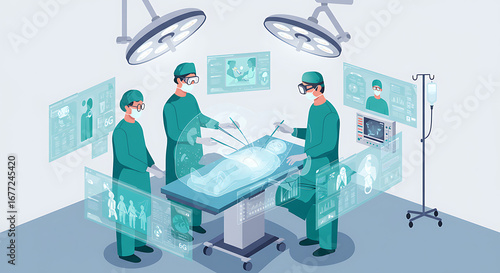 Advanced Medical Technology: Surgeons Using Augmented Reality for Futuristic Digital Surgery in High-Tech Operating Room