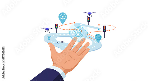 Autonomous City Logistics & Smart Traffic Management System Concept with Hand Holding Digital Urban Network
