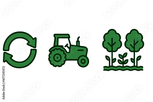 Sustainable farming icons set with green tractor, eco-friendly land management rotation symbol, and agroforestry cartoon vector illustration for environmental agriculture