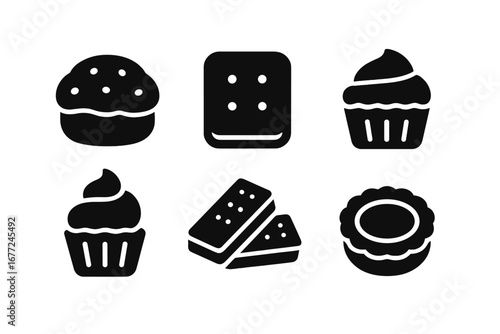 Solid filled tea dessert icons set, scone, biscuit, tea cake, cupcake, shortbread, jam tart, macaron, vector cartoon style, bakery sweets, afternoon tea treats, pastry collection