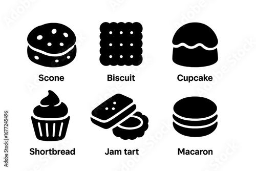 Tea time dessert icons. Solid filled vector set of assorted tea-themed sweets and pastries including scone, biscuit, cupcake, shortbread, jam tart, macaron. Cartoon style illustration.