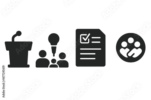 Town Hall Meeting Icon Set, Solid Filled Vector Symbols of Podium with Microphone, Seated Audience, Agenda Paper, Community Group Logo, Cartoon Style Illustration