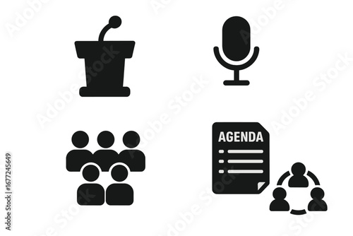 Town Hall Meeting Icon Set, Solid Filled Vector Graphics Featuring Podium, Microphone, Seated Audience, Agenda Paper, Community Discussion Symbol, Cartoon Style