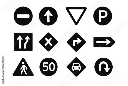 Traffic Signs Solid Icon Set, Road Safety and Navigation Symbols Collection, Vector Cartoon Illustration with Transparent Background, Ordered Set 2, Road Direction and Warning Signs