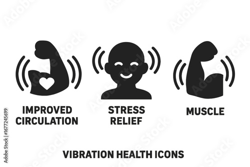 Vibration health icons solid filled vector set showing improved circulation, stress relief, and muscle benefits in bold cartoon illustration for wellness and fitness