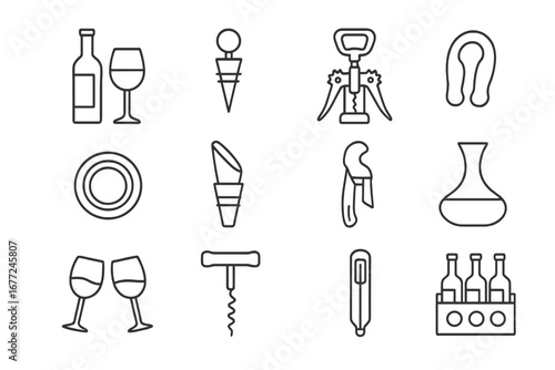 Wine accessories icon set, linear style vector illustrations for winery, bar, and drink collection, cartoon style transparent background, ordered collection of wine tools and drinkware