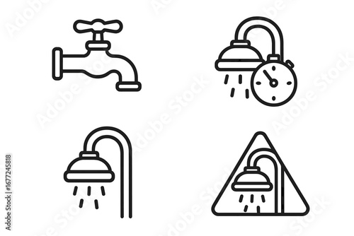 Water Conservation Icons Set. Outline vector graphics of water saving concepts including faucet turned off, shower timer, low-flow showerhead, and water efficiency symbols for awareness campaigns