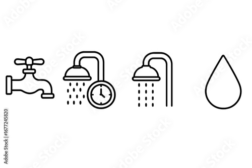 Water conservation icons set, outline vector graphics showing faucet turned off, shower timer for water saving, low flow showerhead illustration, environmental awareness symbols