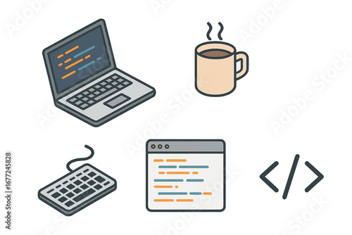 Coding and programming icon set. Isometric flat vector illustration of developer tools. Laptop with code, coffee mug, keyboard, IDE window, and HTML tag for web development.