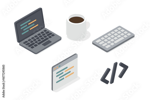 Coding icon set. Isometric flat design of programming and web development elements. Software developer workspace with laptop, keyboard, coffee, IDE window. Technology vector.