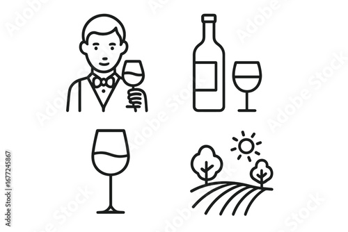 Wine tasting line icon set with sommelier, vineyard landscape, wine bottle and glass outlines, elegant vector cartoon illustration collection with transparent background in classic style