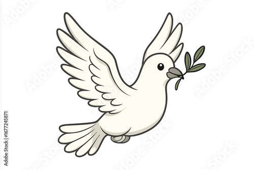 White dove of peace with olive branch. Vector cartoon illustration of a flying pigeon symbol of hope, love, faith and freedom. Holy spirit bird icon for peace day.