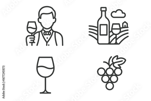 Wine tasting line icon set, sommelier with glass, vineyard landscape, wine bottle and glass, grape cluster, vector outline collection, cartoon style transparent background